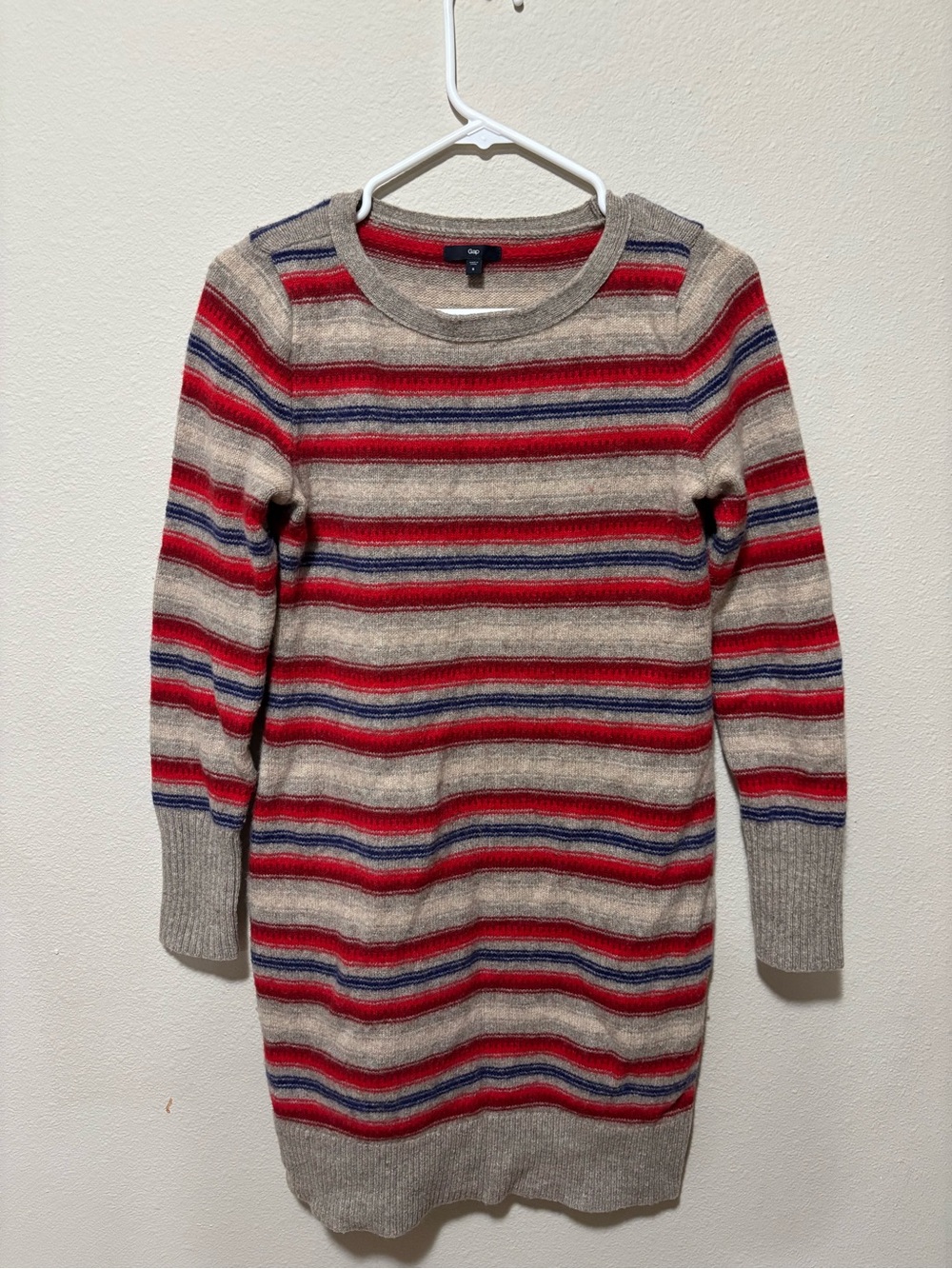 Gap Striped Sweater Dress in Gray, Tan, Blue, and Red. Size Small.